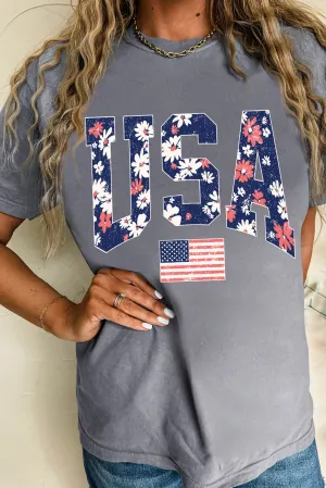 Gray Blooming USA Flag Print Casual T Shirt