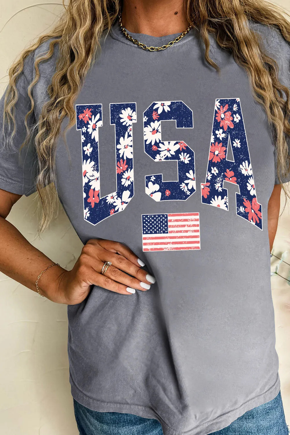 Gray Blooming USA Flag Print Casual T Shirt