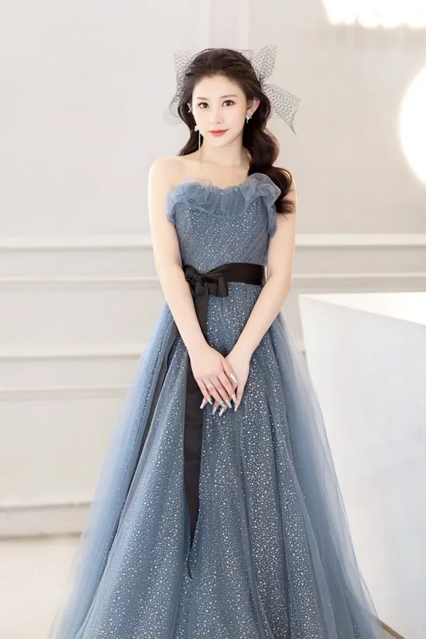 Gray Blue Tulle Long Prom Dress, Beautiful A Line Strapless Evening Dress APP0938