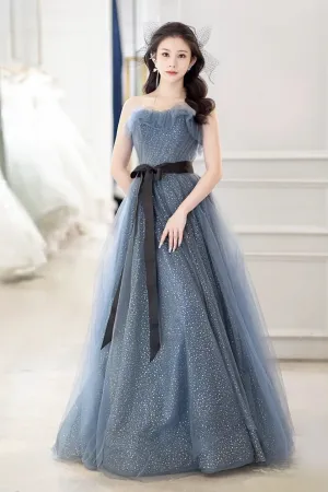 Gray Blue Tulle Long Prom Dress, Beautiful A Line Strapless Evening Dress APP0938