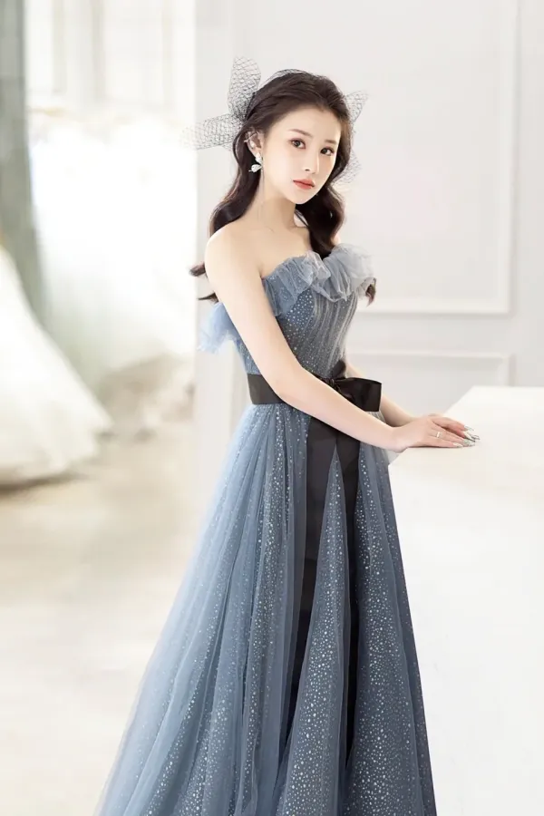 Gray Blue Tulle Long Prom Dress, Beautiful A Line Strapless Evening Dress APP0938