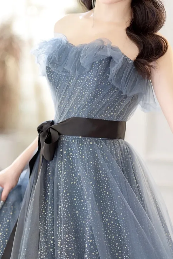 Gray Blue Tulle Long Prom Dress, Beautiful A Line Strapless Evening Dress APP0938