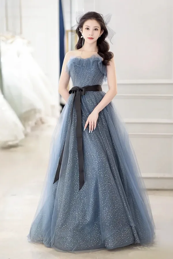 Gray Blue Tulle Long Prom Dress, Beautiful A Line Strapless Evening Dress APP0938
