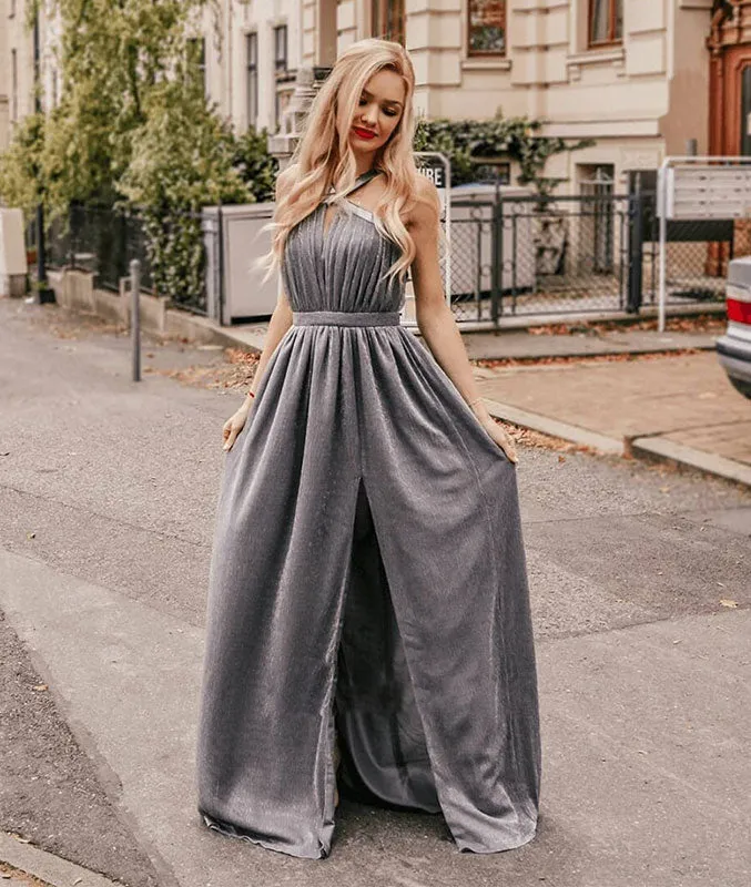 Gray chiffon long prom dress, gray evening dress