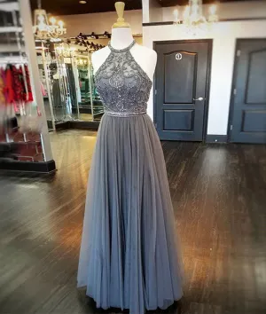 Gray high neck tulle beads long prom dress, gray evening dress