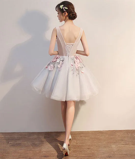 Gray round neck tulle lace applique short prom dress, homecoming dress