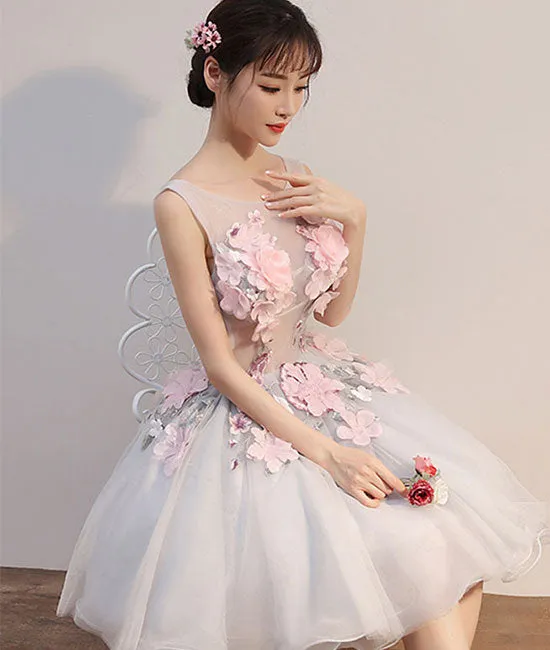 Gray round neck tulle lace applique short prom dress, homecoming dress
