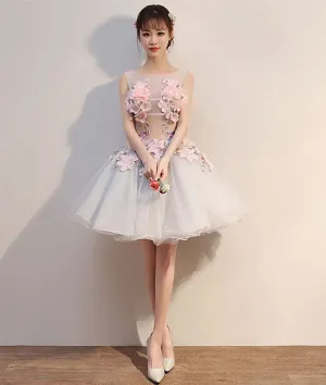 Gray round neck tulle lace applique short prom dress, homecoming dress