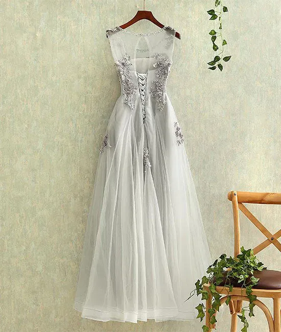 Gray round neck tulle lace long prom dress, gray evening dress