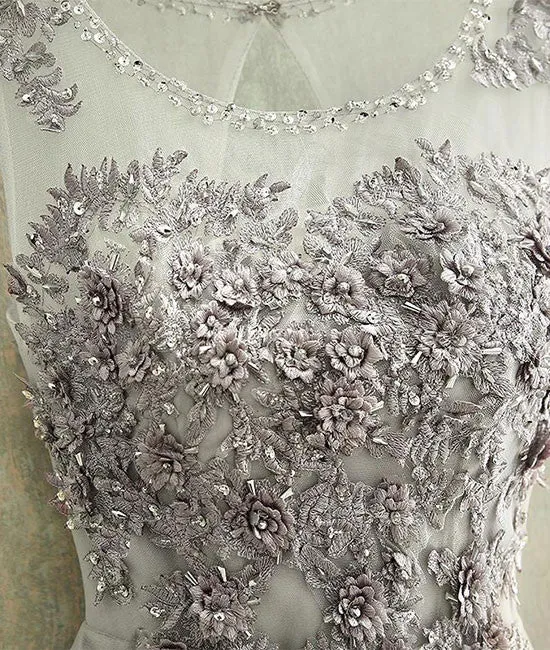 Gray round neck tulle lace long prom dress, gray evening dress