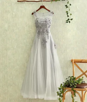 Gray round neck tulle lace long prom dress, gray evening dress