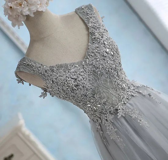 Gray sweetheart lace tulle long prom dress, gray bridesmaid dress