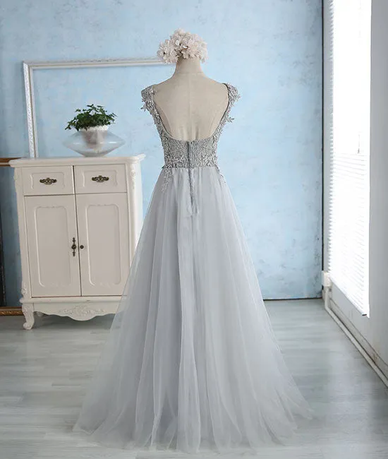 Gray sweetheart lace tulle long prom dress, gray bridesmaid dress