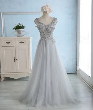 Gray sweetheart lace tulle long prom dress, gray bridesmaid dress