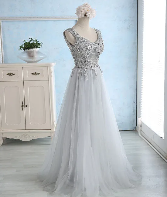 Gray sweetheart lace tulle long prom dress, gray bridesmaid dress