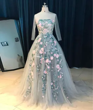 Gray tulle lace applique long prom dress, gray evening dress