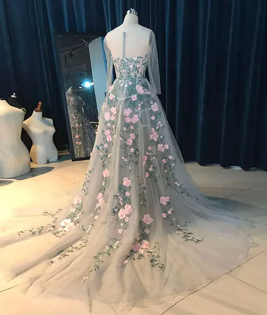 Gray tulle lace applique long prom dress, gray evening dress