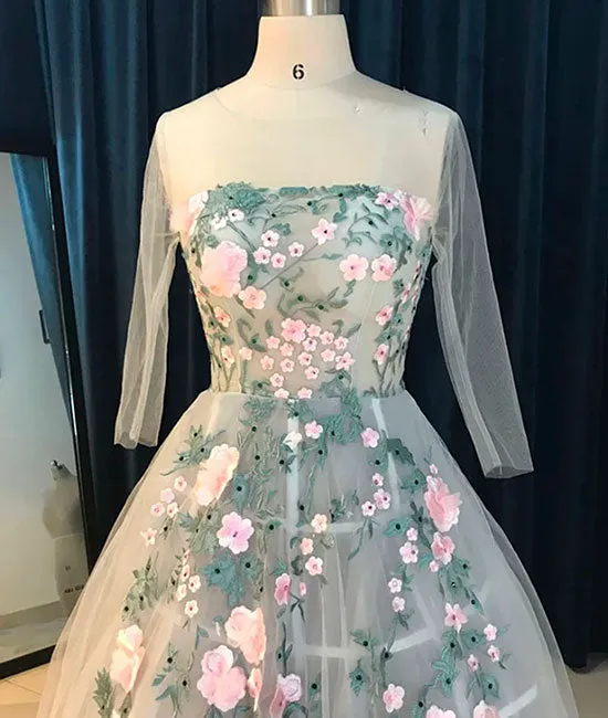 Gray tulle lace applique long prom dress, gray evening dress