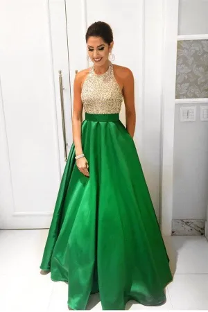 Green A-line Beading Halter Simple Handmade Cheap Backless Prom Dress K675