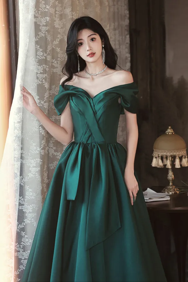 Green Satin Off Shoulder Long Party Dress, Green A Line Chic Prom Dress APP0871