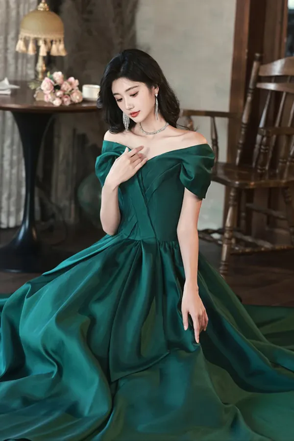 Green Satin Off Shoulder Long Party Dress, Green A Line Chic Prom Dress APP0871