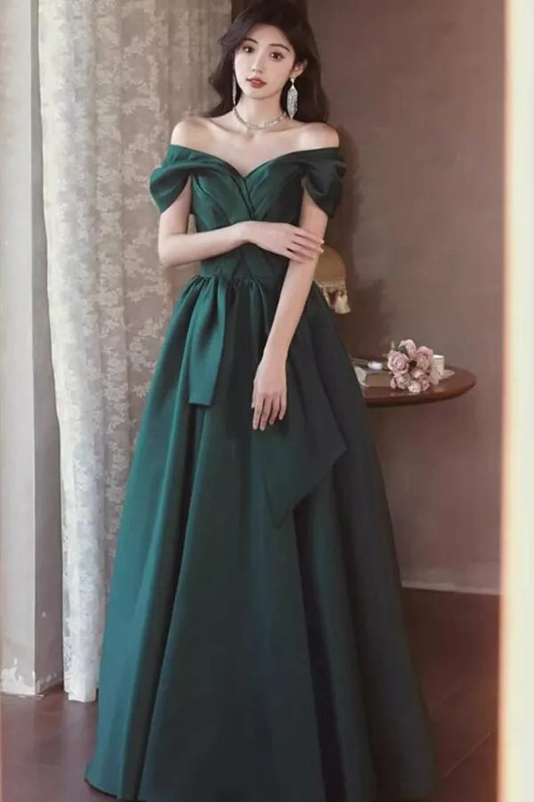 Green Satin Off Shoulder Long Party Dress, Green A Line Chic Prom Dress APP0871