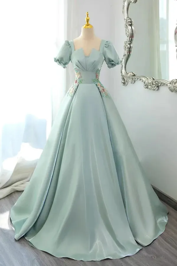 Green Satin Short Sleeves Long Formal Dress, Prom Dress Evening Dress APP1064