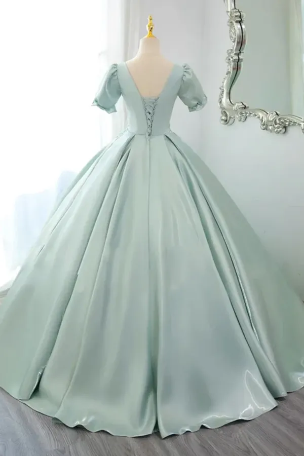 Green Satin Short Sleeves Long Formal Dress, Prom Dress Evening Dress APP1064