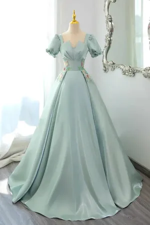 Green Satin Short Sleeves Long Formal Dress, Prom Dress Evening Dress APP1064