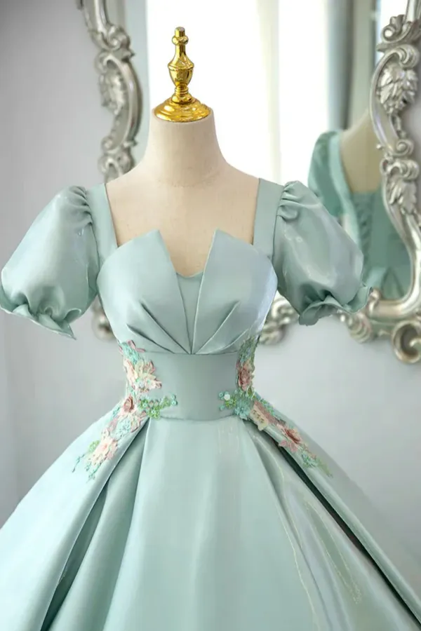 Green Satin Short Sleeves Long Formal Dress, Prom Dress Evening Dress APP1064