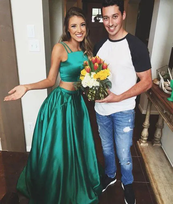 Green satin two pieces long prom dress, green evening dress