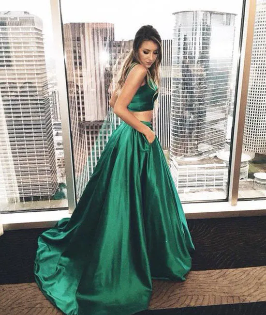 Green satin two pieces long prom dress, green evening dress
