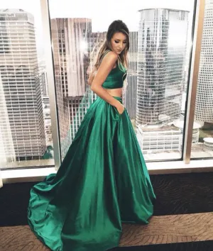 Green satin two pieces long prom dress, green evening dress