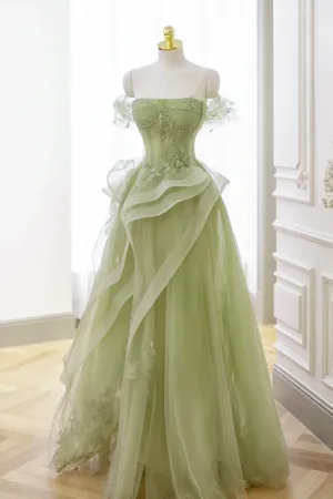 Green Tulle Lace Long Prom Dress with Corset, Green Formal Party Dress APP0827