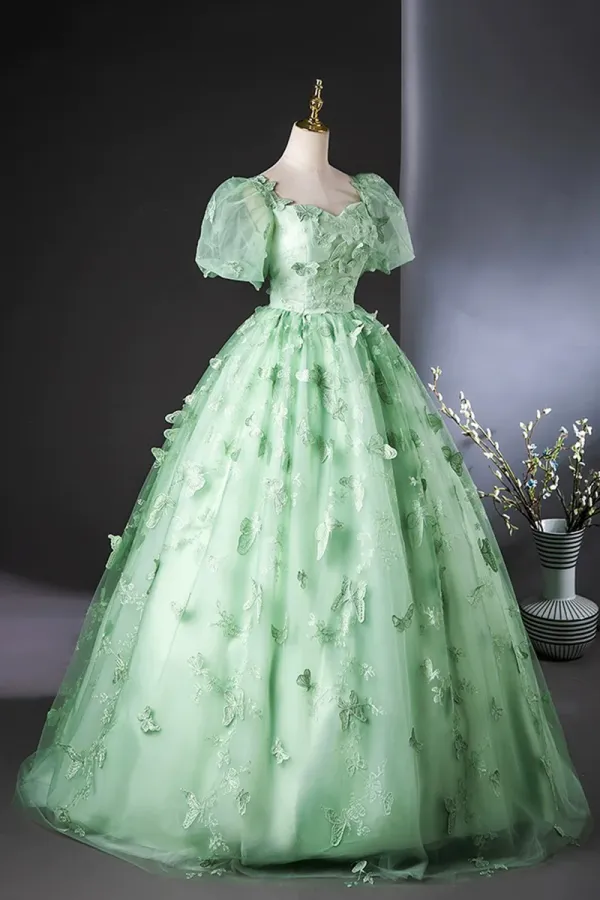 Green Tulle Long A Line Prom Dress with Butterfly Lace, Beautiful Short Sleeve Evening Dress APP1030
