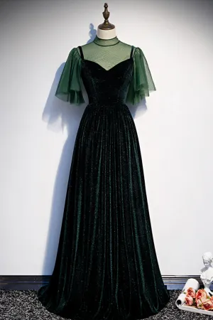 Green Velvet Long A Line Prom Dress, Green Formal Evening Dress APP0784