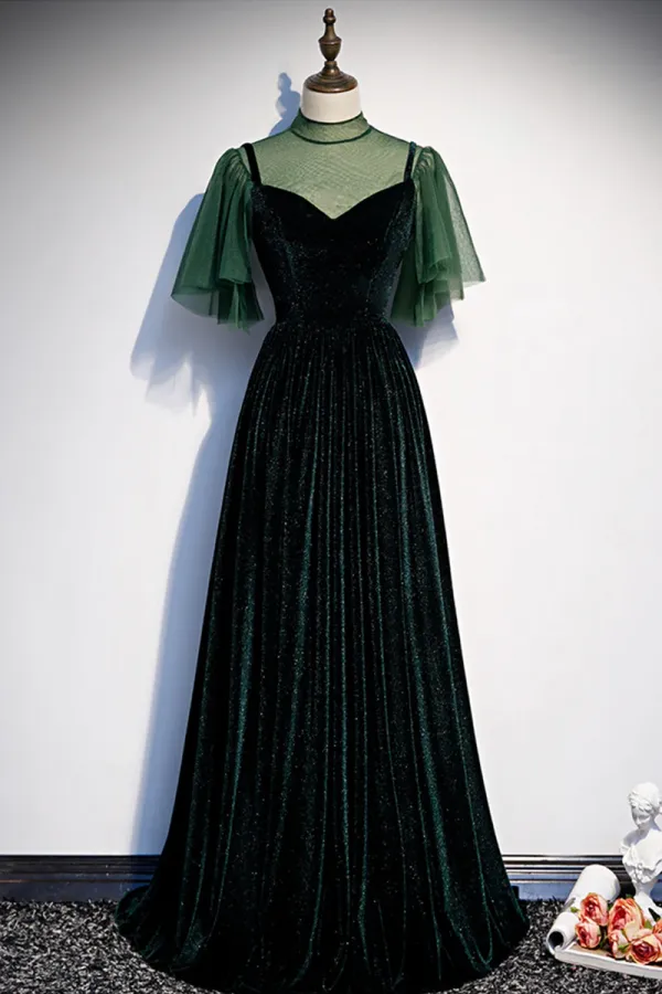Green Velvet Long A Line Prom Dress, Green Formal Evening Dress APP0784