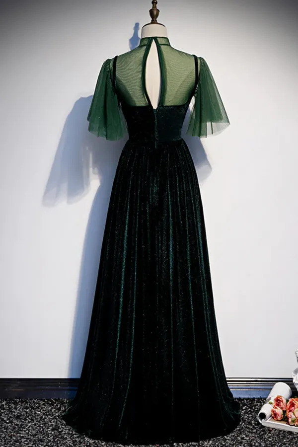 Green Velvet Long A Line Prom Dress, Green Formal Evening Dress APP0784