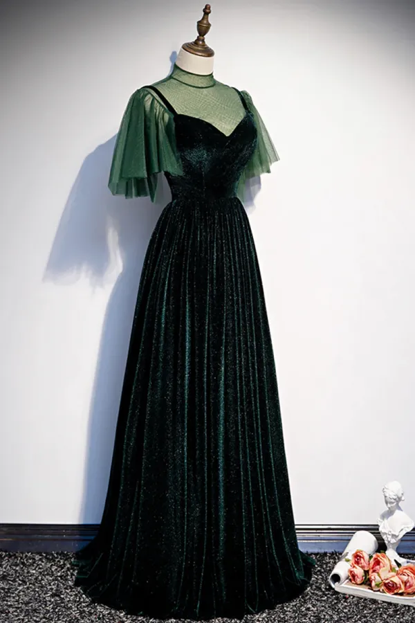 Green Velvet Long A Line Prom Dress, Green Formal Evening Dress APP0784