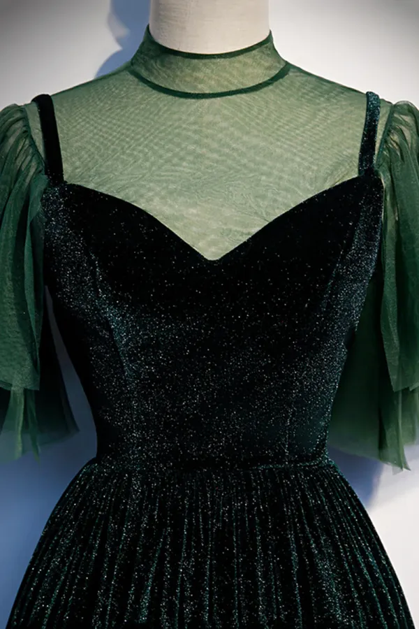 Green Velvet Long A Line Prom Dress, Green Formal Evening Dress APP0784
