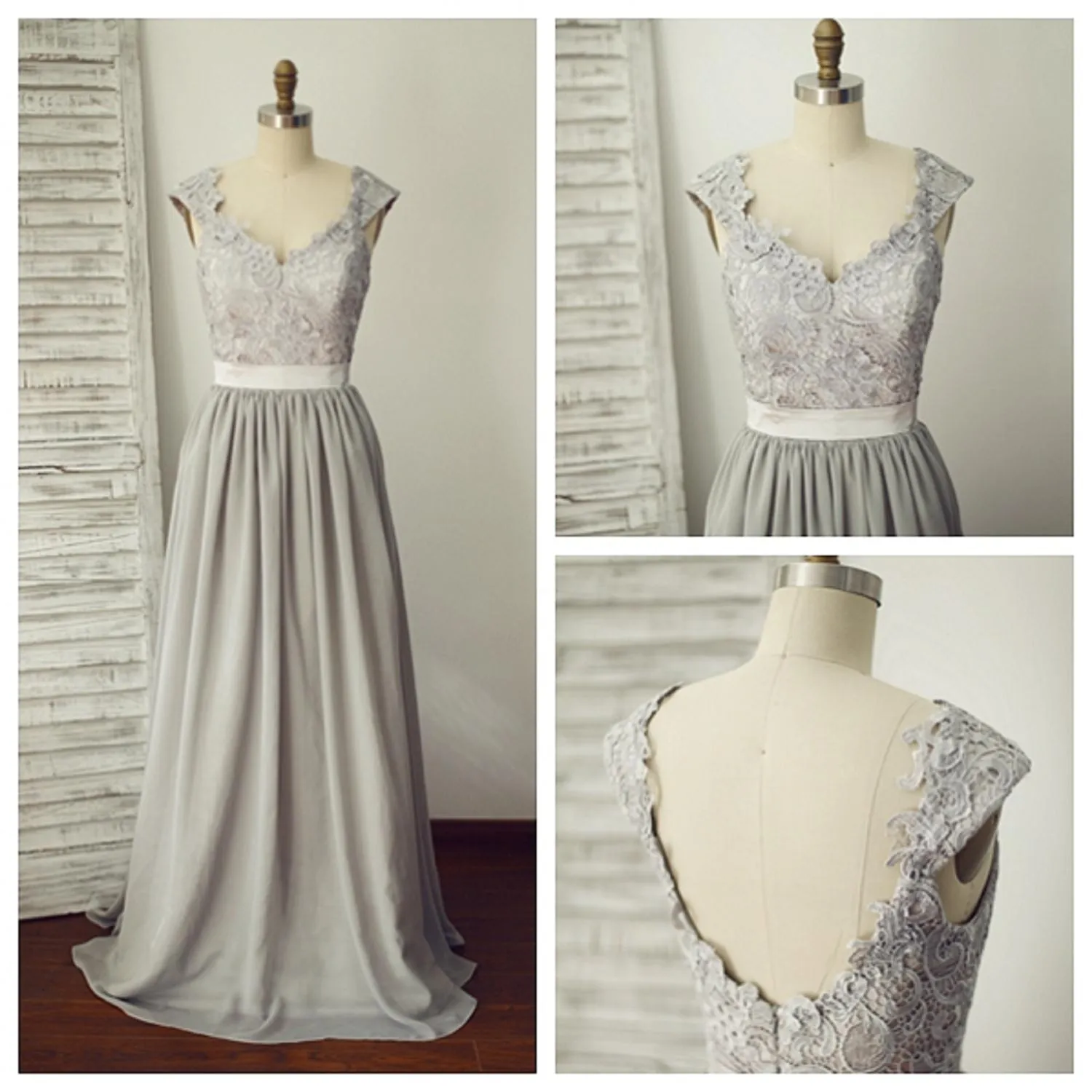 Grey Lace and Chiffon Cap Sleeves Bridesmaid Dress, Grey Wedding Party Dress