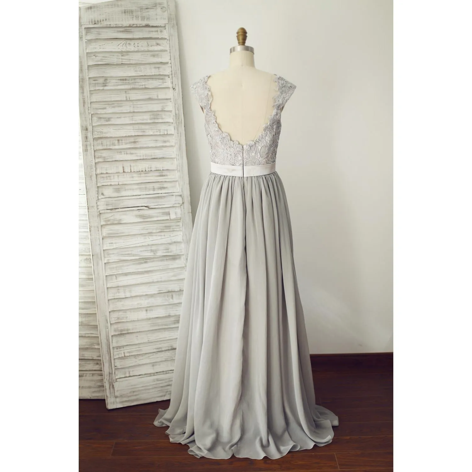Grey Lace and Chiffon Cap Sleeves Bridesmaid Dress, Grey Wedding Party Dress