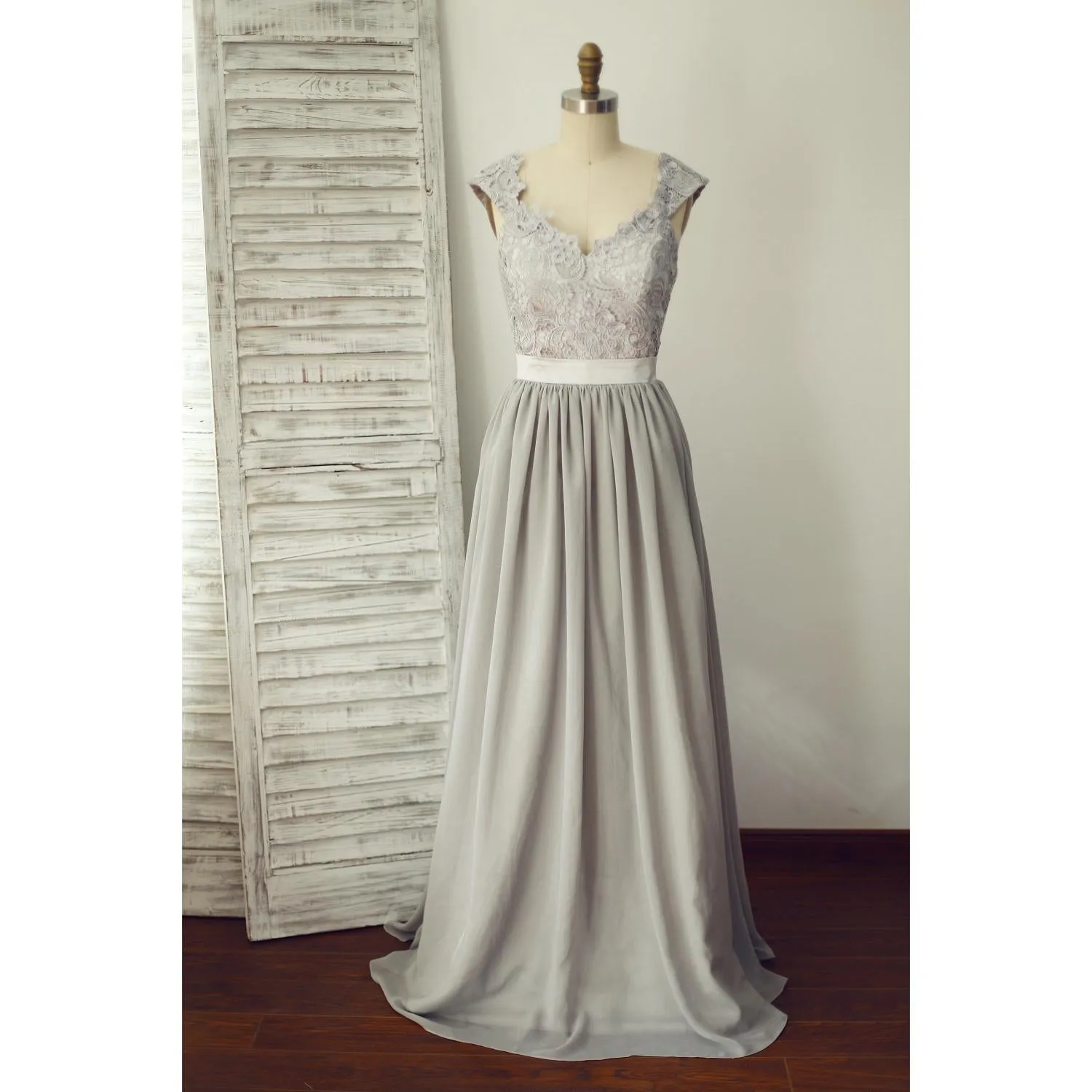 Grey Lace and Chiffon Cap Sleeves Bridesmaid Dress, Grey Wedding Party Dress