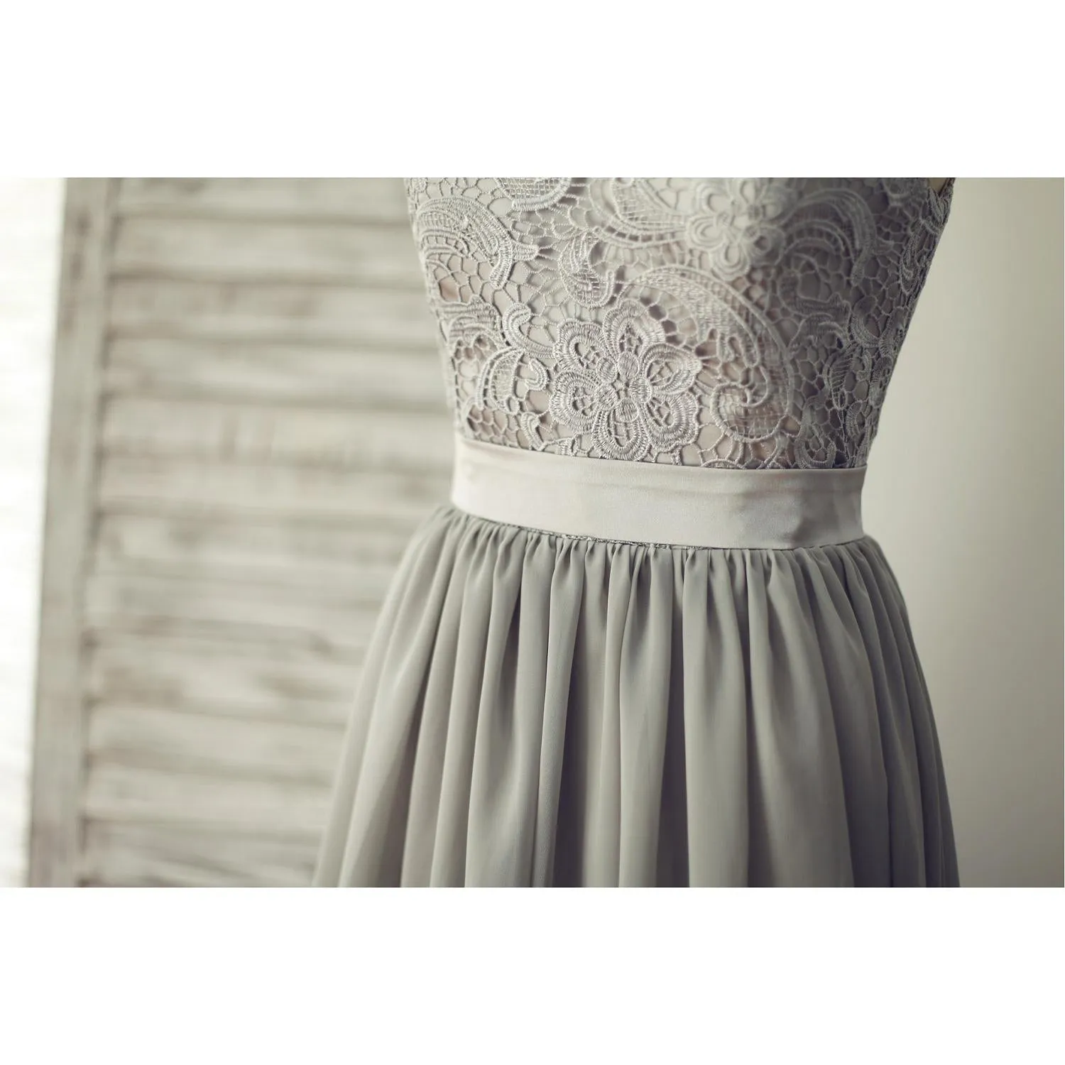 Grey Lace and Chiffon Cap Sleeves Bridesmaid Dress, Grey Wedding Party Dress