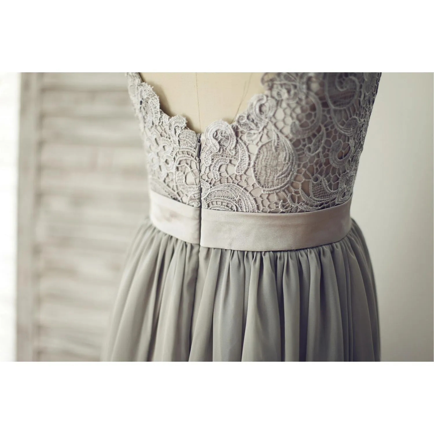 Grey Lace and Chiffon Cap Sleeves Bridesmaid Dress, Grey Wedding Party Dress