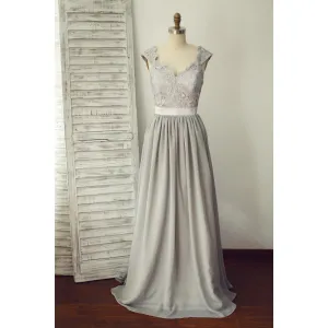 Grey Lace and Chiffon Cap Sleeves Bridesmaid Dress, Grey Wedding Party Dress