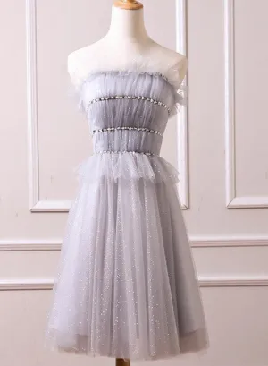 Grey Tulle Beaded Short Party Dress, Grey Tulle Formal Dress, Homecoming Dress