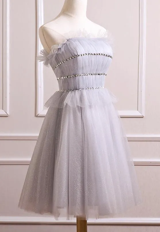 Grey Tulle Beaded Short Party Dress, Grey Tulle Formal Dress, Homecoming Dress