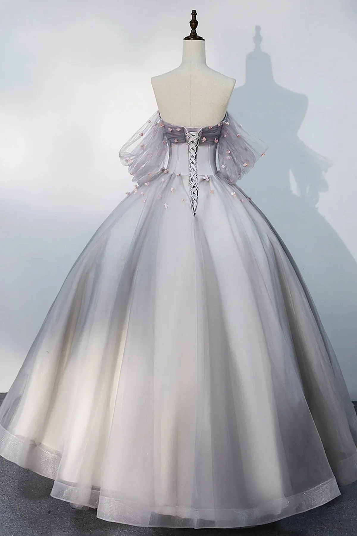 Grey Tulle Sweetheart Flowers Formal Dress, Off the Shoulder A-Line Prom Dress