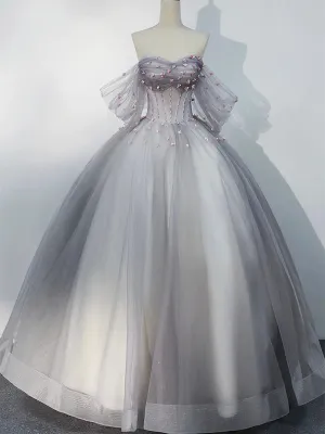 Grey Tulle Sweetheart Flowers Formal Dress, Off the Shoulder A-Line Prom Dress